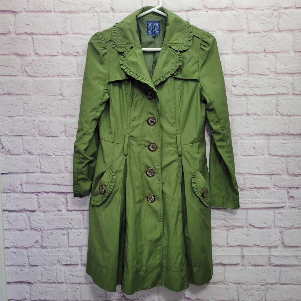 Ambition Green Trench Coat S Ruffle Collar‎ Button Front Cottagecore Preppy Chic